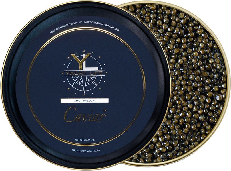 Amur Kaluga caviar tin with Yacht Life Caviar label