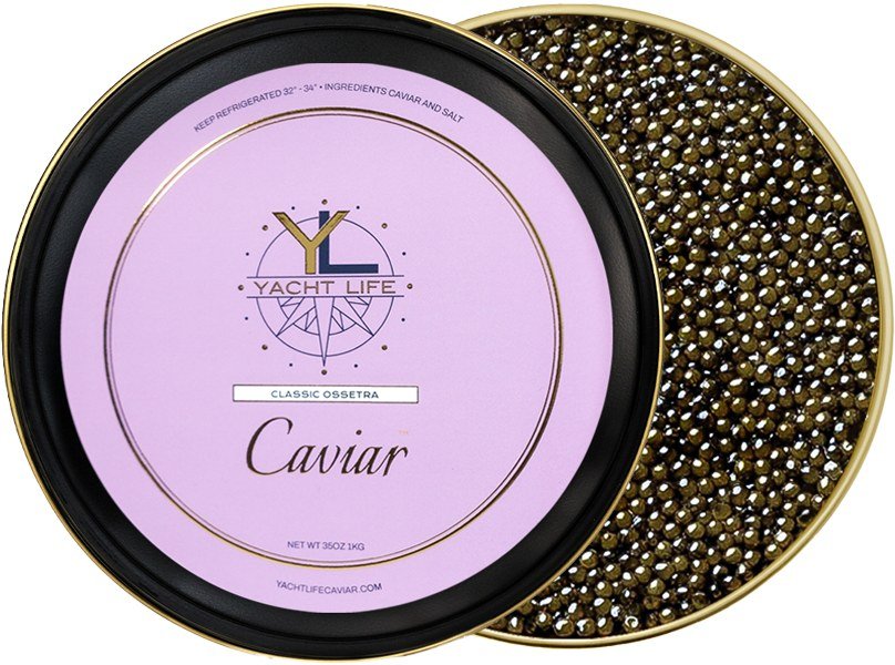 Classic Ossetra caviar tin with Yacht Life Caviar label