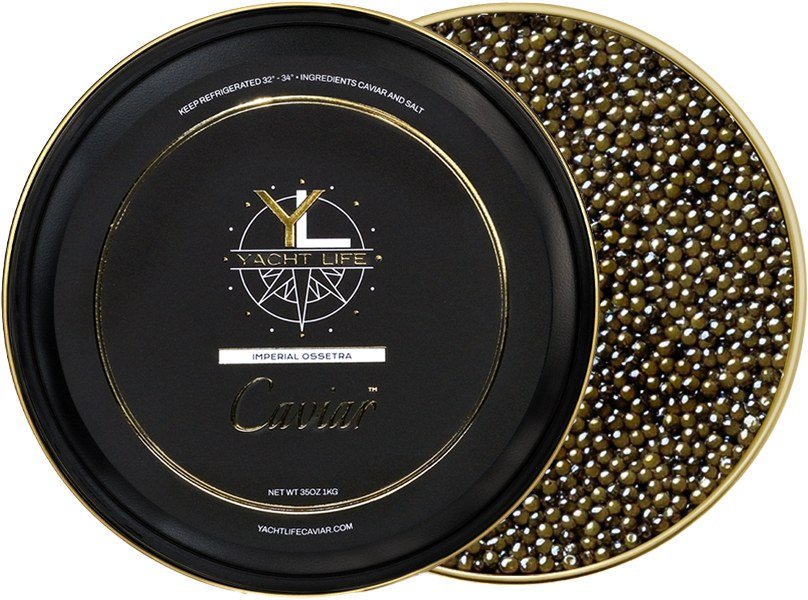Imperial Ossetra caviar tin with Yacht Life Caviar label