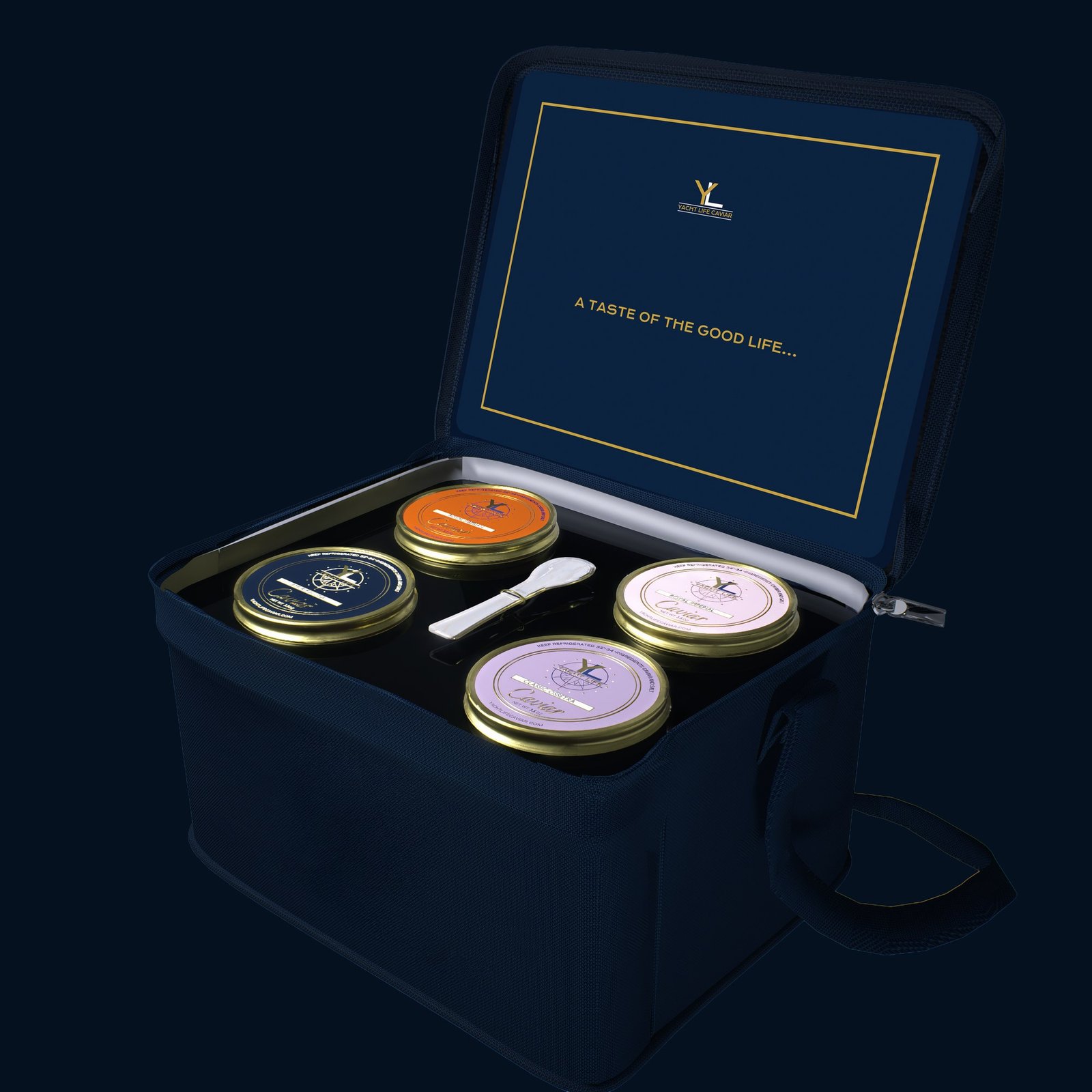Yacht Life Caviar four-selection gift set: four caviar tins and a mother-of-pearl spoon in the signature navy carrier with branded presentation panel