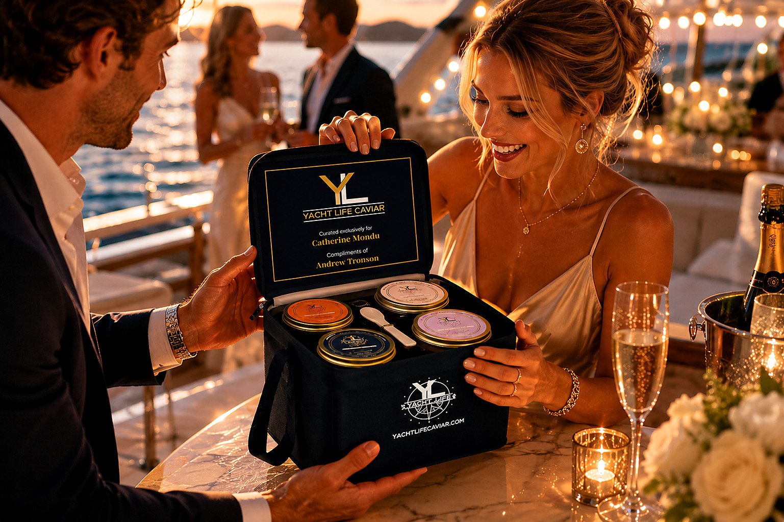 A guest receiving a personalized Yacht Life Caviar gift set aboard a yacht at sunset